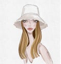 Illustration of girl with long straight hair and with hat