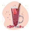 Illustration, drinks, glass cup with cocktail, mulled wine with berries, fruits and a cinnamon stick. Festive winter design,