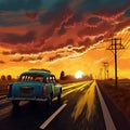 Driving into the sunset surrealism art style, travel, destination scenics