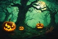 A hill on the dark night, a dry tree, halloween pumpkins and flying bats, computer illustration. Royalty Free Stock Photo