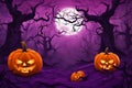 A hill on the dark night, a dry tree, halloween pumpkins and flying bats, computer illustration. Royalty Free Stock Photo