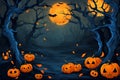 A hill on the dark night, a dry tree, halloween pumpkins and flying bats, computer illustration. Royalty Free Stock Photo