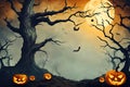 A hill on the dark night, a dry tree, halloween pumpkins and flying bats, computer illustration. Royalty Free Stock Photo