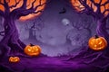 A hill on the dark night, a dry tree, halloween pumpkins and flying bats, computer illustration. Royalty Free Stock Photo