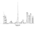 Illustration of the Dubai skyline: Al Arab hotel, Burj Khalifa and Jumeirah beach hotel buildings.