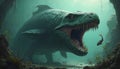 Illustration of Dunkleosteus in prehistoric underwater environment. The ancient fish with armored head opens its massive jaws Royalty Free Stock Photo