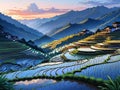 illustration, dusk at Yuanyang Rice Terrace, anime drawing style, line art, hand drawn.