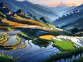 illustration, dusk at Yuanyang Rice Terrace, anime drawing style, line art, hand drawn.