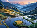 illustration, dusk at Yuanyang Rice Terrace, anime drawing style, line art, hand drawn.