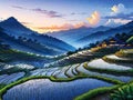 illustration, dusk at Yuanyang Rice Terrace, anime drawing style, line art, hand drawn.