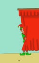 illustration of a dwarf in a green shirt and red hat hiding behind a curtain