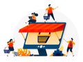 Illustration of e-commerce online with a shopping cart metaphor and monitor with a roof. Wholesale and retail online stores.