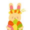 Illustration of an easter brown bunny with a wreath of tulips on his head and with easter eggs