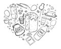 Illustration Easter cake and ingredients for cooking. Isolated black outline objects on white background. Heart shape