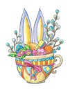 Illustration with easter decor. Watercolor picture. Hand drawing.