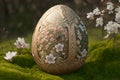 Illustration of easter egg sculpture nicely decorated with intricate floral details on grass. Images created with Generative AI