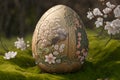 Illustration of easter egg sculpture nicely decorated with intricate floral details on grass. Images created with Generative AI