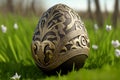 Illustration of easter egg sculpture nicely decorated with intricate floral details on grass. Images created with Generative AI