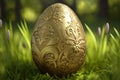 Illustration of easter egg sculpture nicely decorated with intricate floral details on grass. Images created with Generative AI