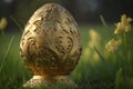 Illustration of easter egg sculpture nicely decorated with intricate floral details on grass. Images created with Generative AI