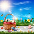 Easter eggs in the basket. Spring holidays concept