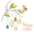 Illustration of Easter eggs on the spring tree branches