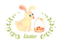 illustration for easter greeting card. Rabbit sits near the basket with eggs