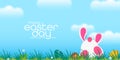 Illustration of the Easter poster and the banner with rabbits and beautifully painted eggs on the grass in the background of the Royalty Free Stock Photo