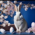 an illustration with an Easter white rabbit near a branches of a flowering apple tree and multicolored eggs on a blue background