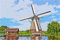 Traditional Dutch windmill with its house illustration Royalty Free Stock Photo