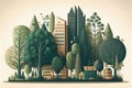 Illustration of an Eco City with Trees Promoting Sustainable Urban Life. AI