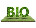 An illustration with eco- friendly text with a green lawn on a white background