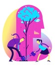 Ecological illustration. Earth day. Man and woman water, care for, and take care of the tree. Silhouette of a man`s head with a g