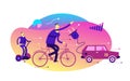 Ecological illustration. ECO friendly transport. People go by electric car, Segway, Bicycle. Pollution of the planet with exhaust