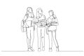 Illustration of education time for three teenage student girl friends with school books. Single line art style Royalty Free Stock Photo