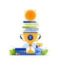 Illustration of educational scholarship program. trophy with pile of books and dollar coins and school supplies. can be used for