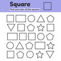 Educational worksheet for kids kindergarten, preschool and school age. Geometric shapes. Square, star, triangle