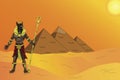 Egyptian god Anubis stands in front of the Pyramids of Giza