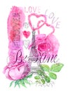 Illustration with the Eiffel Tower, roses and hearts