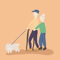 Illustration elderly couple walking the dog.