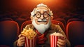 Illustration Elderly happy man in cinema with popcorn watching movie