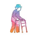 Illustration of an elderly man using a walker, symbolizing aging, support, and mobility isolated on transparent background, Royalty Free Stock Photo