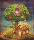 Illustration of elderly person sitting on a tree and reads bo