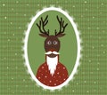 Illustration of an elderly stag with a beard, glasses and a cardigan in a patterned frame