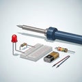Components featuring a soldering iron with a blue handle a prototyping Royalty Free Stock Photo
