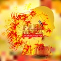 Illustration about Elegant abstract autumn girl or woman ,vector. Illustration of female, hair, autumn maple leaves, bird, pumpkin Royalty Free Stock Photo