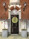 illustration. elegant front door of the house with a beautiful Christmas wreath, a flower bed with trees decorated with bright Royalty Free Stock Photo