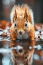 Elegant  red squirrel drinking water from pond in forest, with reflection on the surface of water Royalty Free Stock Photo