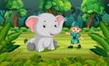 Elephant and adventurer in the jungle Royalty Free Stock Photo