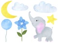 Elephant cute little watercolor illustration set of flowers balloon air balloon cloud star moon Royalty Free Stock Photo